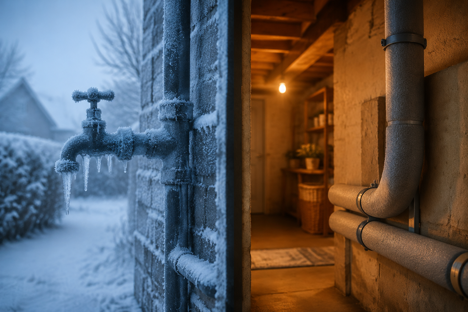 Frozen exterior pipes beside a warm protected interior